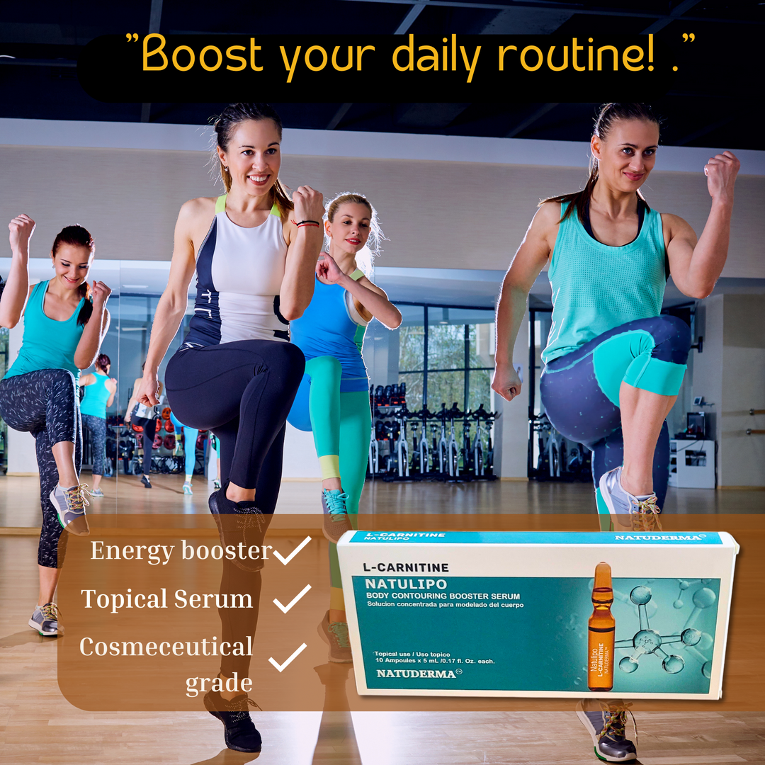Group workout session featuring L-Carnitine Natulipo ampoules for weight loss, body contouring, and energy boosting.