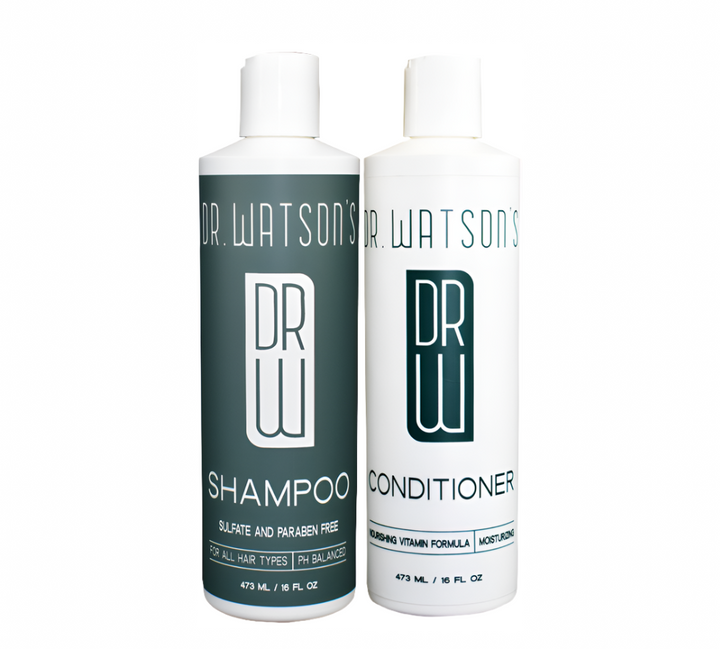 Dr. Watson's shampoo and conditioner bottles on a white background