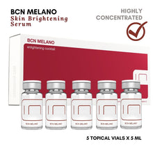 BCN Melano is a Brightening Vitamin C Serum, 5 vials of 5ml each, with Vitamin C, Glutha600, Glycolic, Kojic, and Citric Acids. Use BCN MELANO to target dark spot, uneven skin color, black spot or melasma.