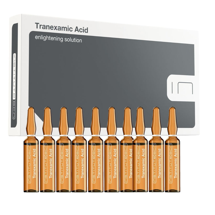 BCN Tranexamic Acid Skin Brightening  Booster Serum, with Tranexamic Acid to target dark spot, uneven skin color, black spot and melasma. Made in Spain  by Institute BCN 10 ampoules of 2ml each.