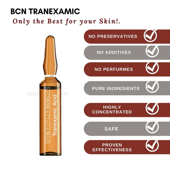 BCN Tranexamic Acid Skin Brightening Booster Serum, with Tranexamic Acid to target dark spot, uneven skin color, black spot and melasma. Made in Spain  by Institute BCN 10 ampoules of 2ml each.