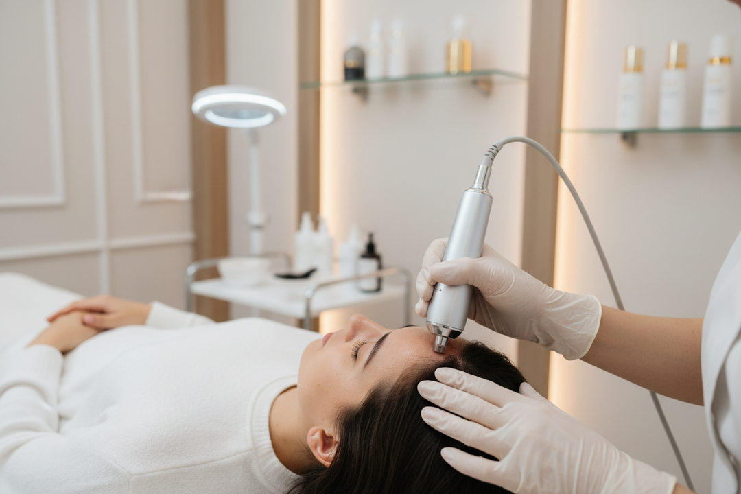 BCN Scalp microneedling treatment on hair by esthetician, using Taurine, Zinc and Biotin serum for hair loss and scalp health