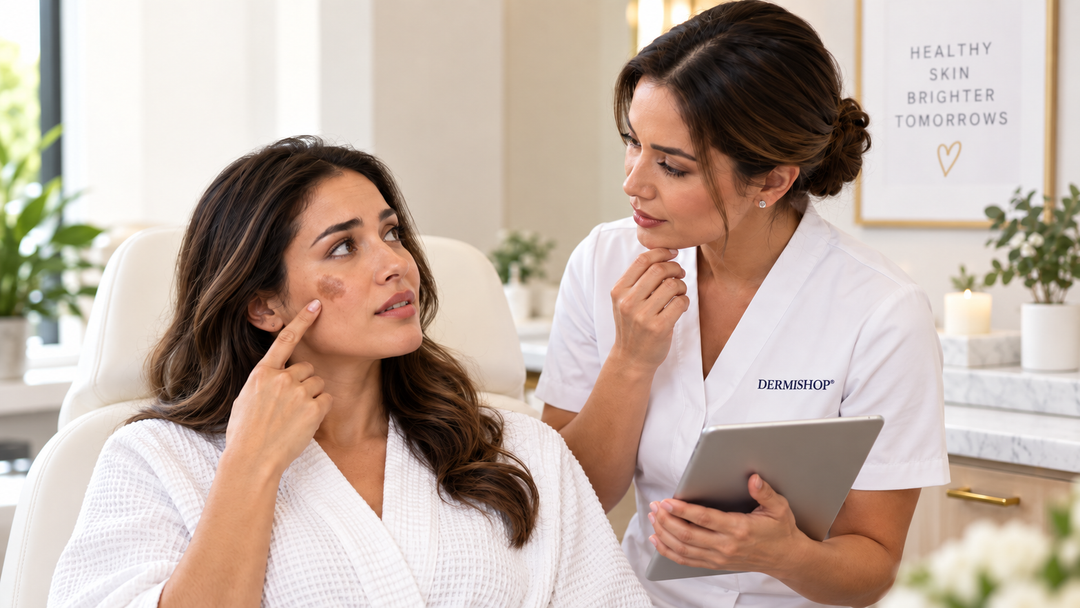 Esthetician assessing facial hyperpigmentation and dark spots in a treatment room