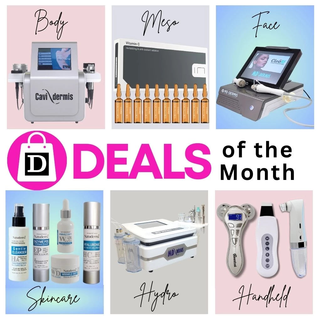 Check our monthly deals on aesthetic equipment for your spa or salon, professional grade skin care, facial moisturizer, face serum, cavitation machine, microdermabrasion machine, skin scrubber,  esthetics machine, mesotherapy products and more.