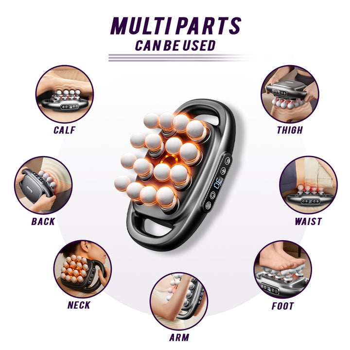 Massage device, body massager with various parts for different body areas on a white background