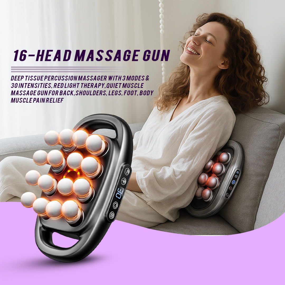 Woman using a massage gun with text describing its features on a light background