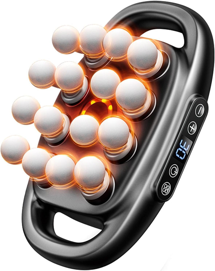 Black handheld device with white balls and digital display on a white background