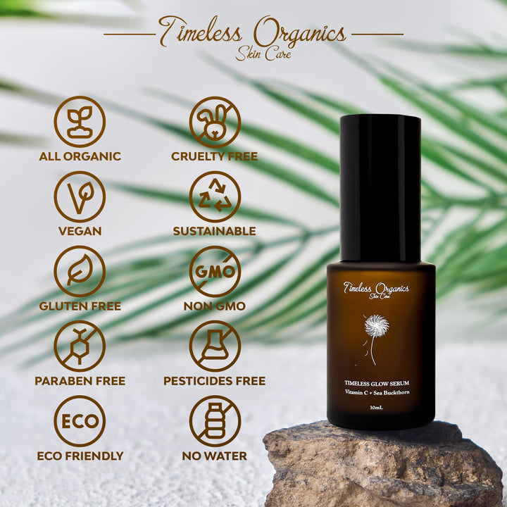 Timeless Organics skincare serum bottle with certification icons on a natural background