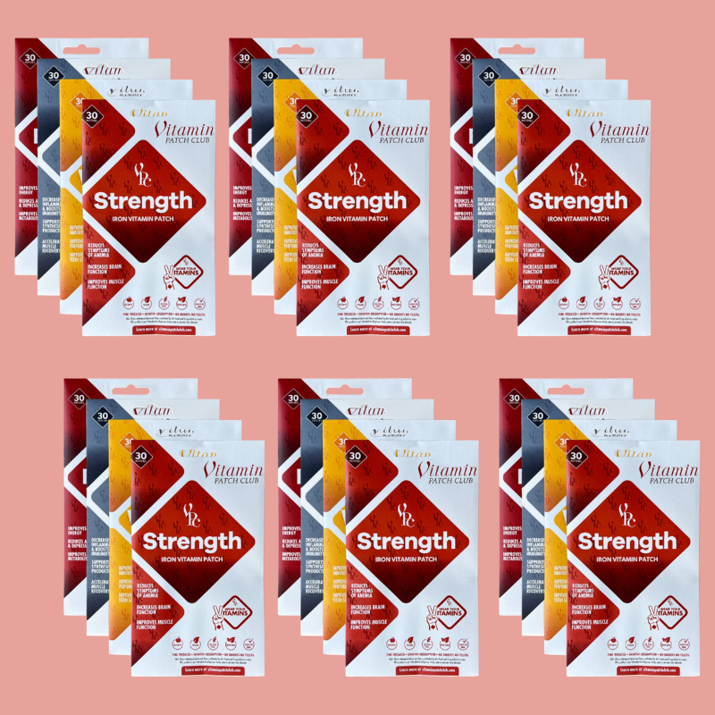 Multiple packages of 'Strength' vitamin patches on a pink background