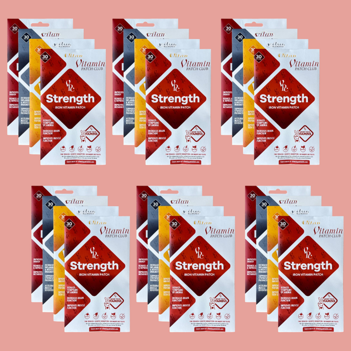 Multiple packages of 'Strength' vitamin patches on a pink background