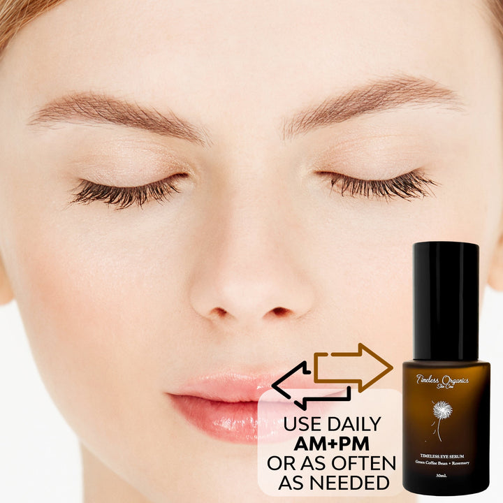 Close-up of a woman's face with closed eyes, next to a bottle of Under Organics skincare serum.