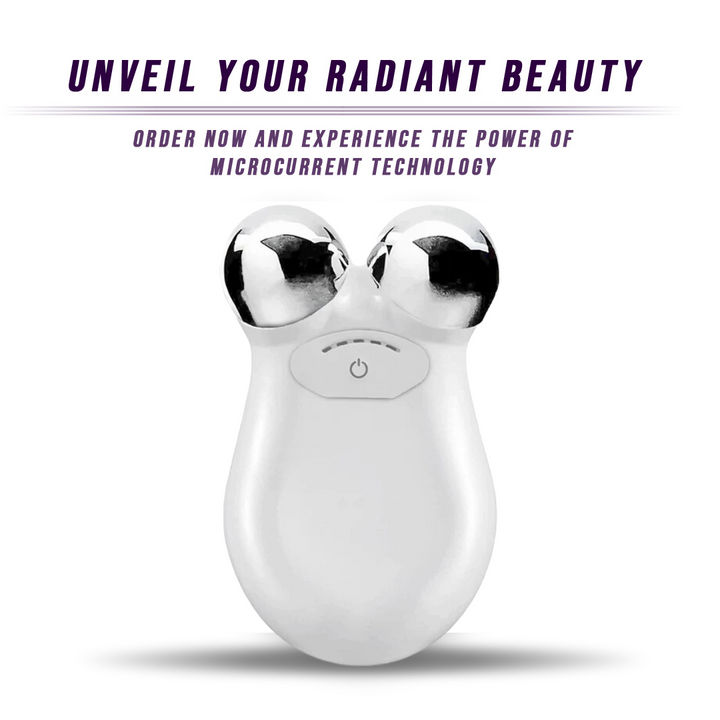 White beauty device with silver accents on a white background, promoting microcurrent technology.