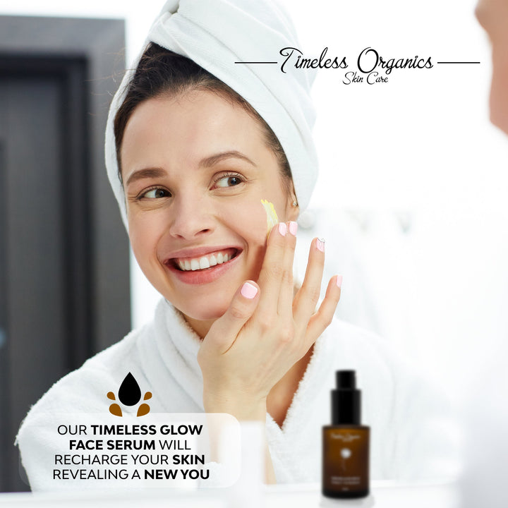 Woman applying face serum with 'Timeless Organics' branding, featuring a bottle of serum.