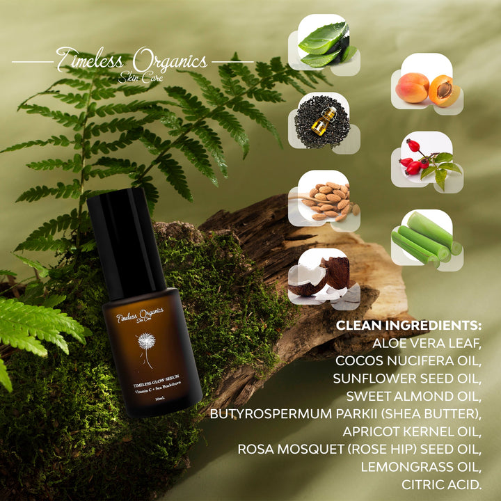 Timeless Organics skincare product with natural ingredients displayed on a green background