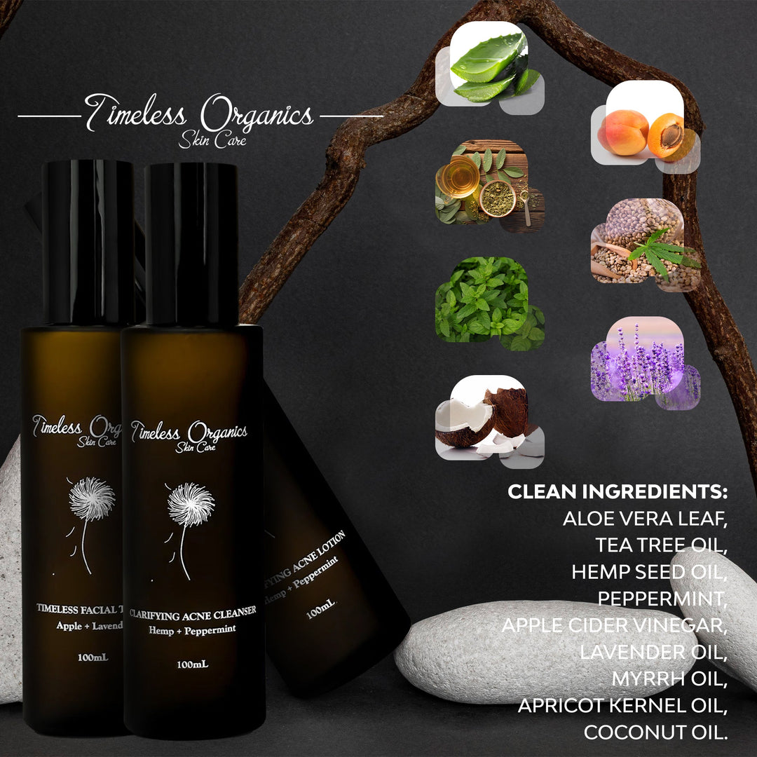 Timeless Organics skincare products with ingredients displayed on a dark background