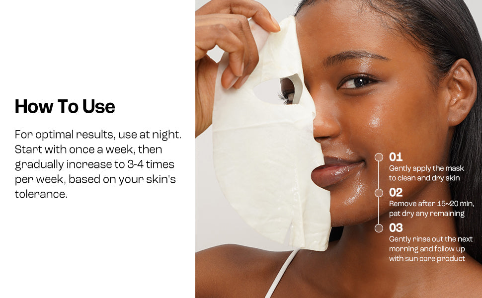 Woman applying a facial mask with usage instructions on the side