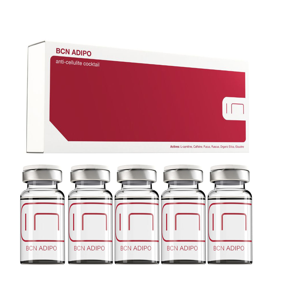 Adipo Body Shaping Institute BCN Mesotherapy Serum and Cellulite Remover Serum box and vial. Caja y vial de Reductor de cellulitis Dermishop