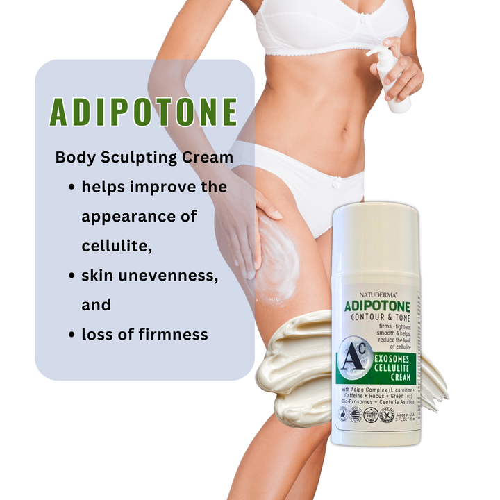 Adipotone body sculpting cream with a person applying it to their leg on a white background