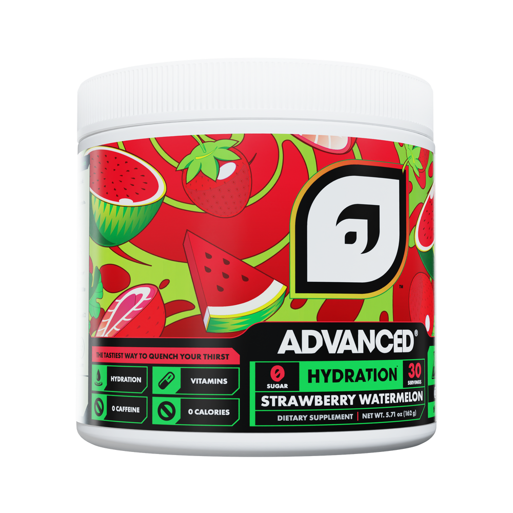 Dietary supplement container with strawberry watermelon flavor on a white background