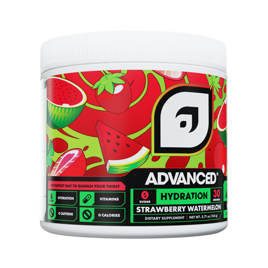 Dietary supplement container with strawberry watermelon flavor on a white background