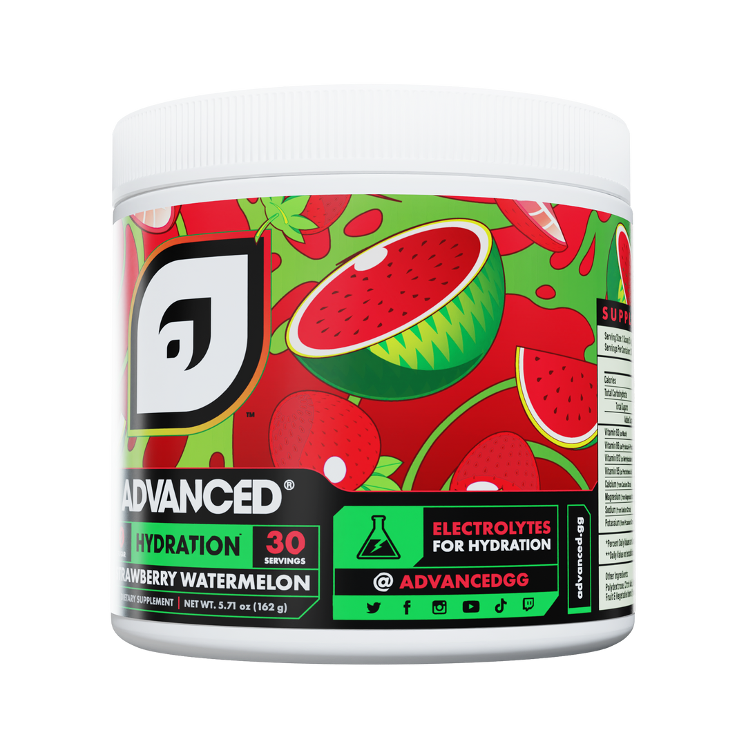 Container of Advanced Hydration powder with strawberry watermelon flavor on a white background