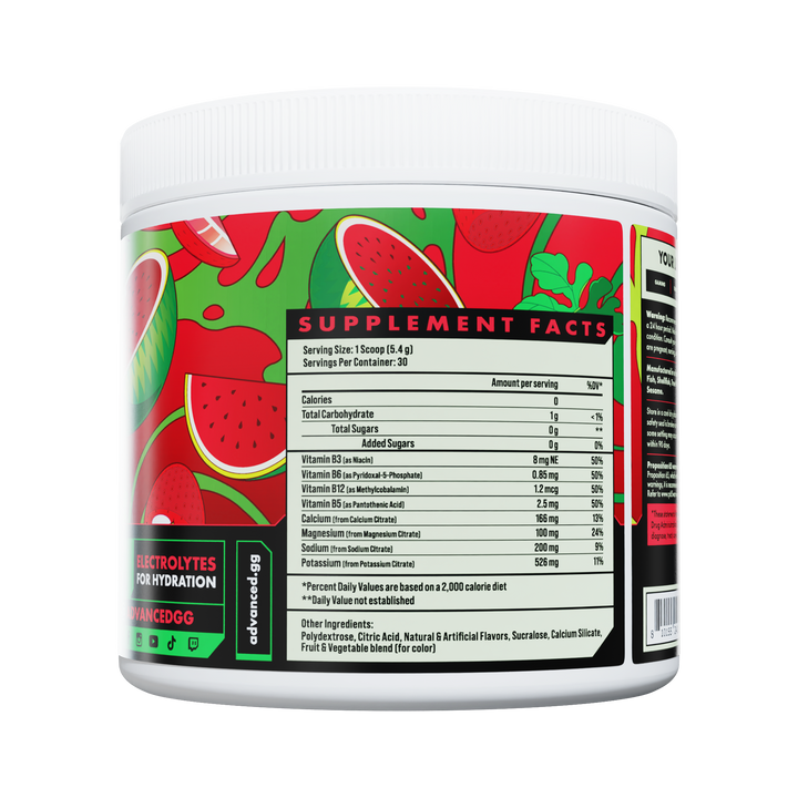 Supplement container with watermelon pattern and supplement facts label on a white background