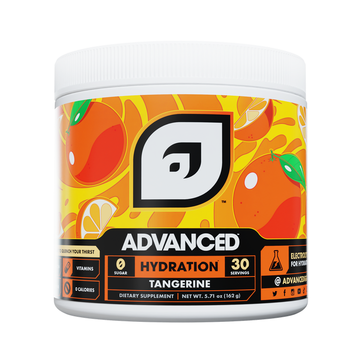 Advanced Hydration Tangerine supplement container with tangerine pattern on a white background