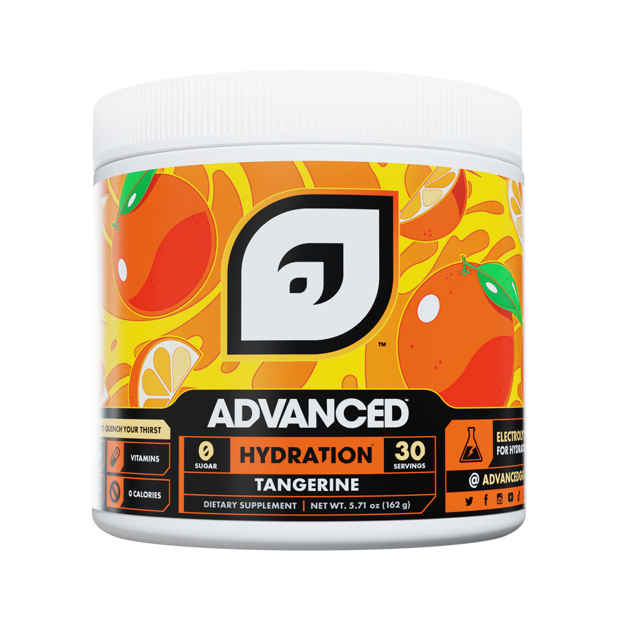 Advanced Hydration Tangerine supplement container with tangerine pattern on a white background