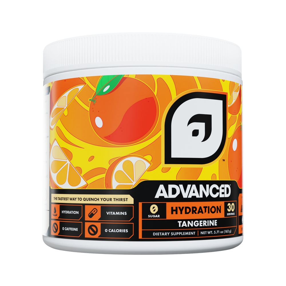 Advanced Hydration Tangerine supplement container with tangerine illustration on a white background