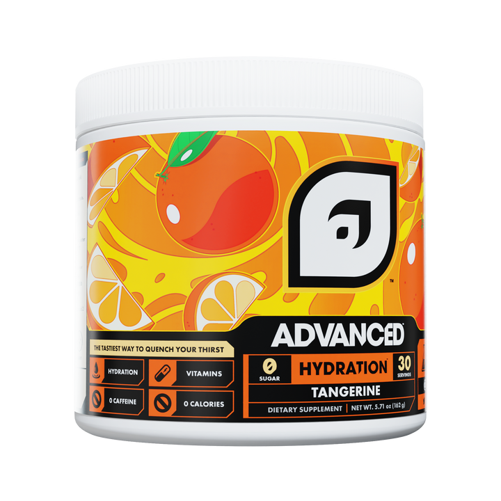 Advanced Hydration Tangerine supplement container with tangerine illustration on a white background