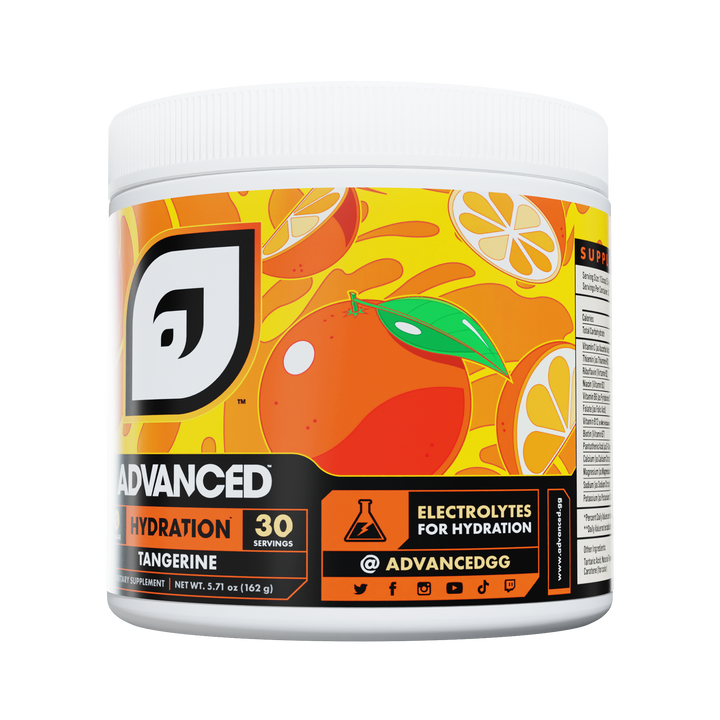 Container of Advanced Hydration Tangerine flavor on a white background