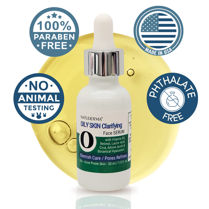 Four blue circular icons surrounding the serum bottle, indicating 100% Paraben-Free, Made in USA, No Animal Testing, and Phthalate-Free.