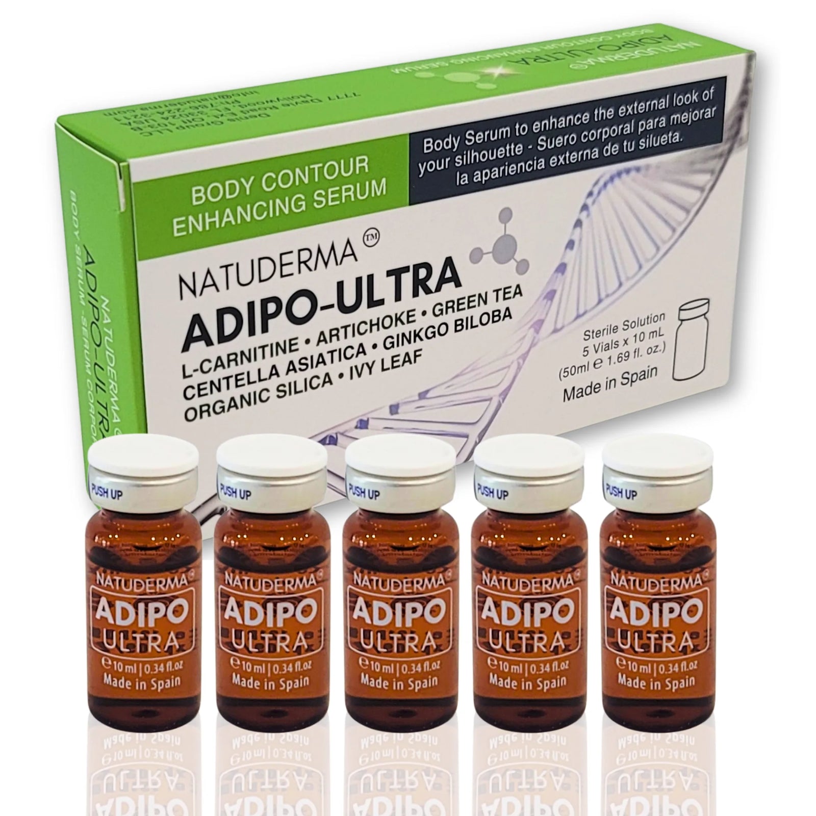 Natuderma Adipo-Ultra body microneedling serum packaging with bottles on a white background