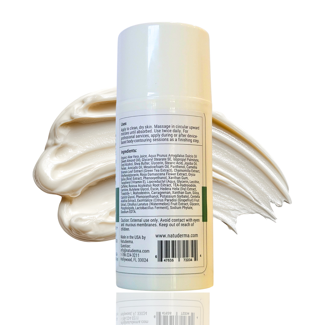 ADIPOTONE Cosmetic bottle with cream swatches on a white background