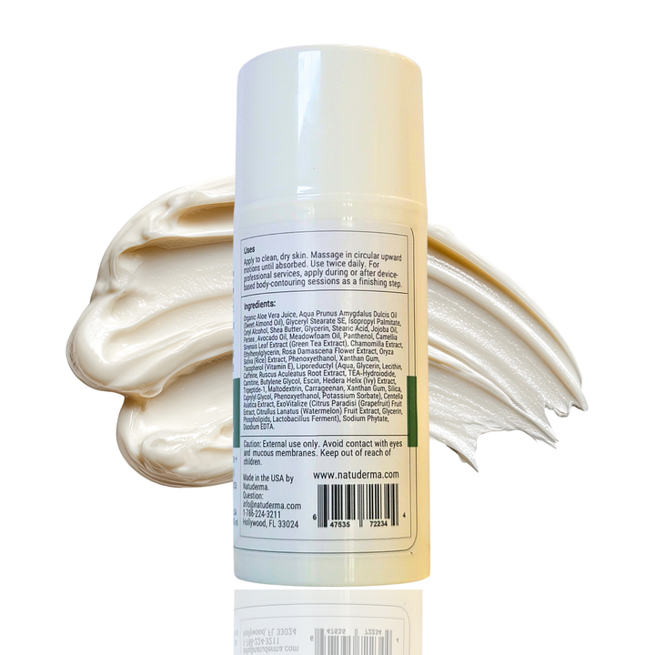 ADIPOTONE Cosmetic bottle with cream swatches on a white background