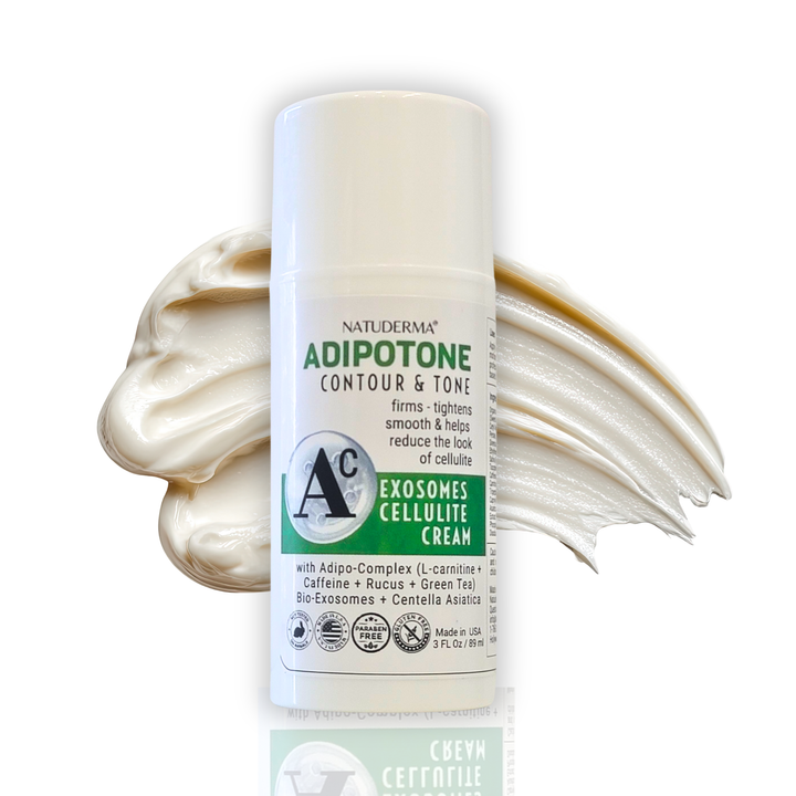 Adipotone Exosomes Cellulite Cream bottle with cream swatch on a white background