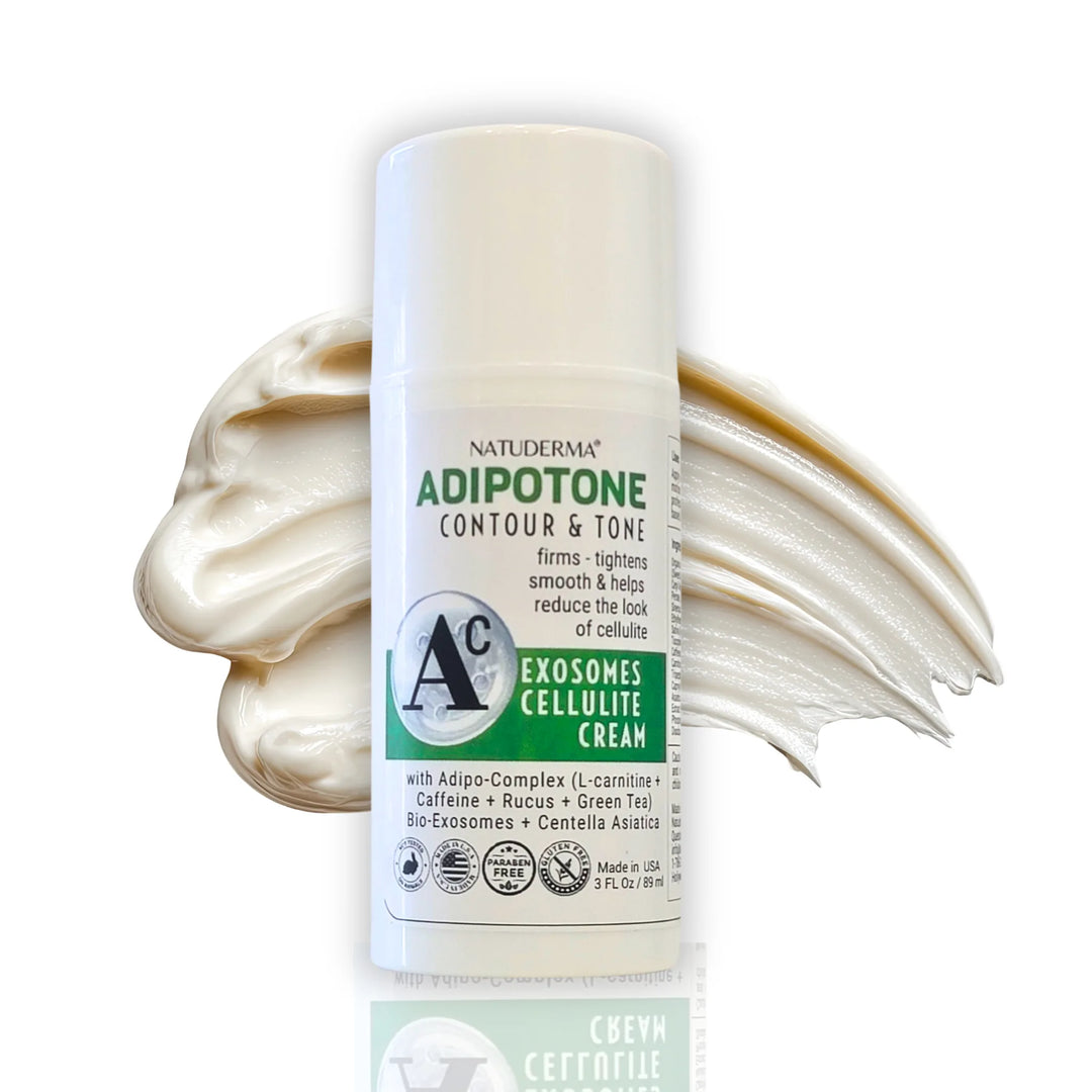 Adipotone Exosomes Cellulite Cream bottle with cream swatch on a white background