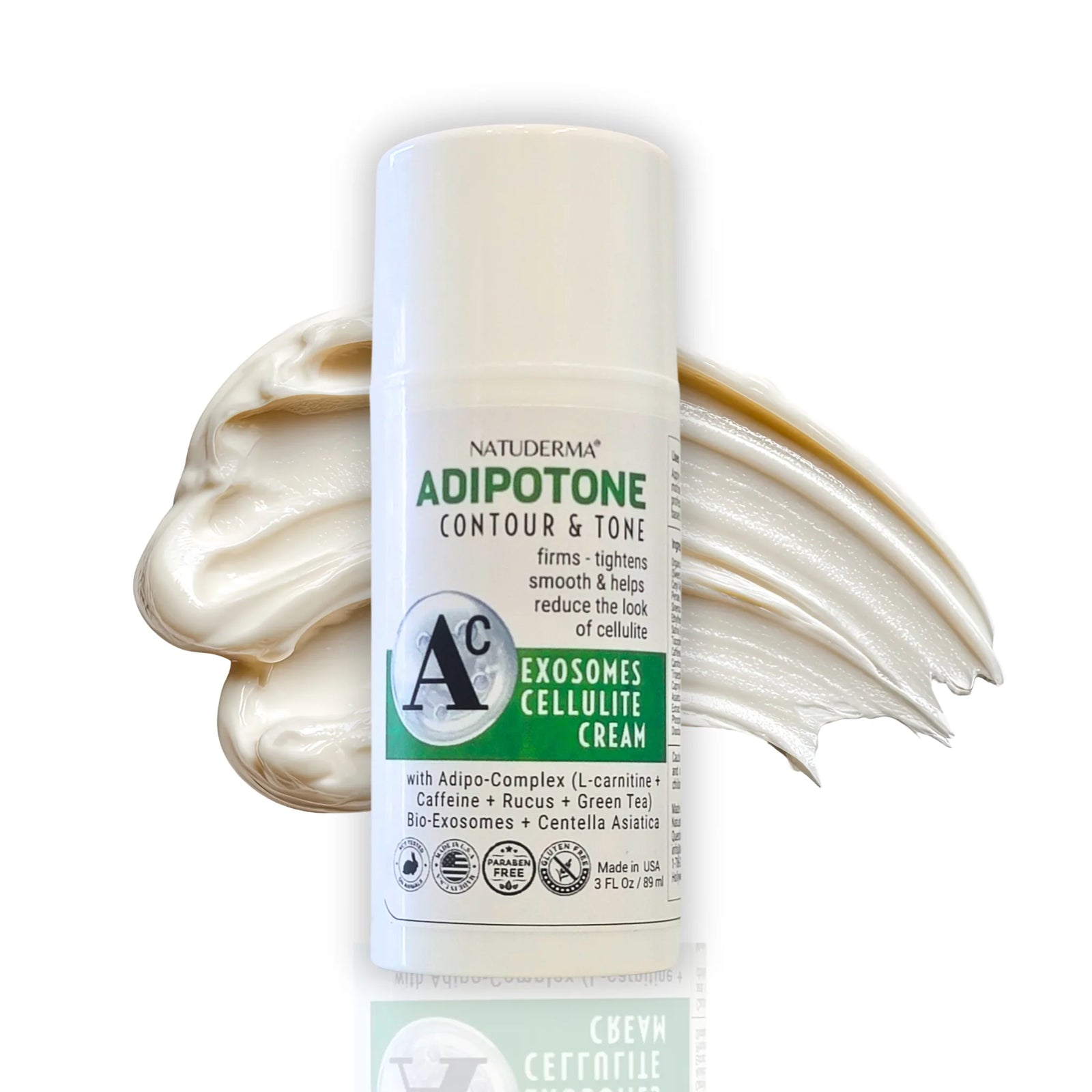 Adipotone Exosomes Cellulite Cream bottle with cream swatch on a white background