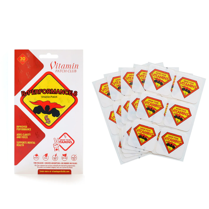 Vitamin patch packaging with multiple patches on a white background