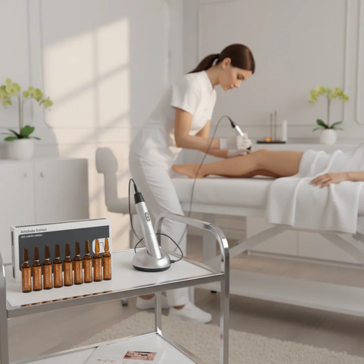 Woman receiving virtual mesotherapy treatment in a modern salon setting with BCN skincare products on a table.