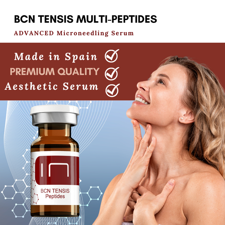 BCN TENSIS MULTI-PEPTIDES Advanced Microneedling Serum advertisement featuring a vial of peptides on the left and a smiling woman touching her neck on the right, with text highlighting &