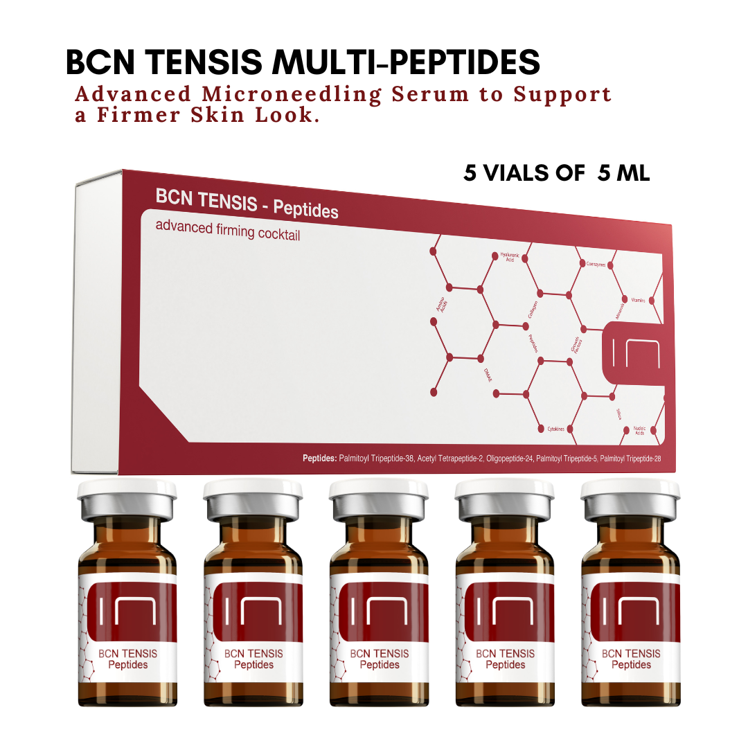 BCN TENSIS Multi-Peptides advanced microneedling serum shown as a white and dark red box above five 5 mL amber glass vials with silver caps on a white background.