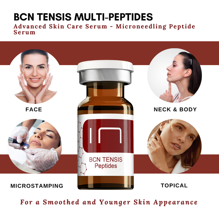BCN TENSIS Multi-Peptides Advanced Skin Care Serum vial centered on a white and dark red graphic background, surrounded by four circular lifestyle photos showing facial skincare, neck and body treatment, microstamping, and topical application.