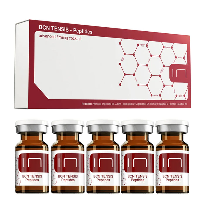 A box containing five vials labeled BCN Tensis Peptides Advanced Firming Serum, designed for skin tightening and anti-aging.