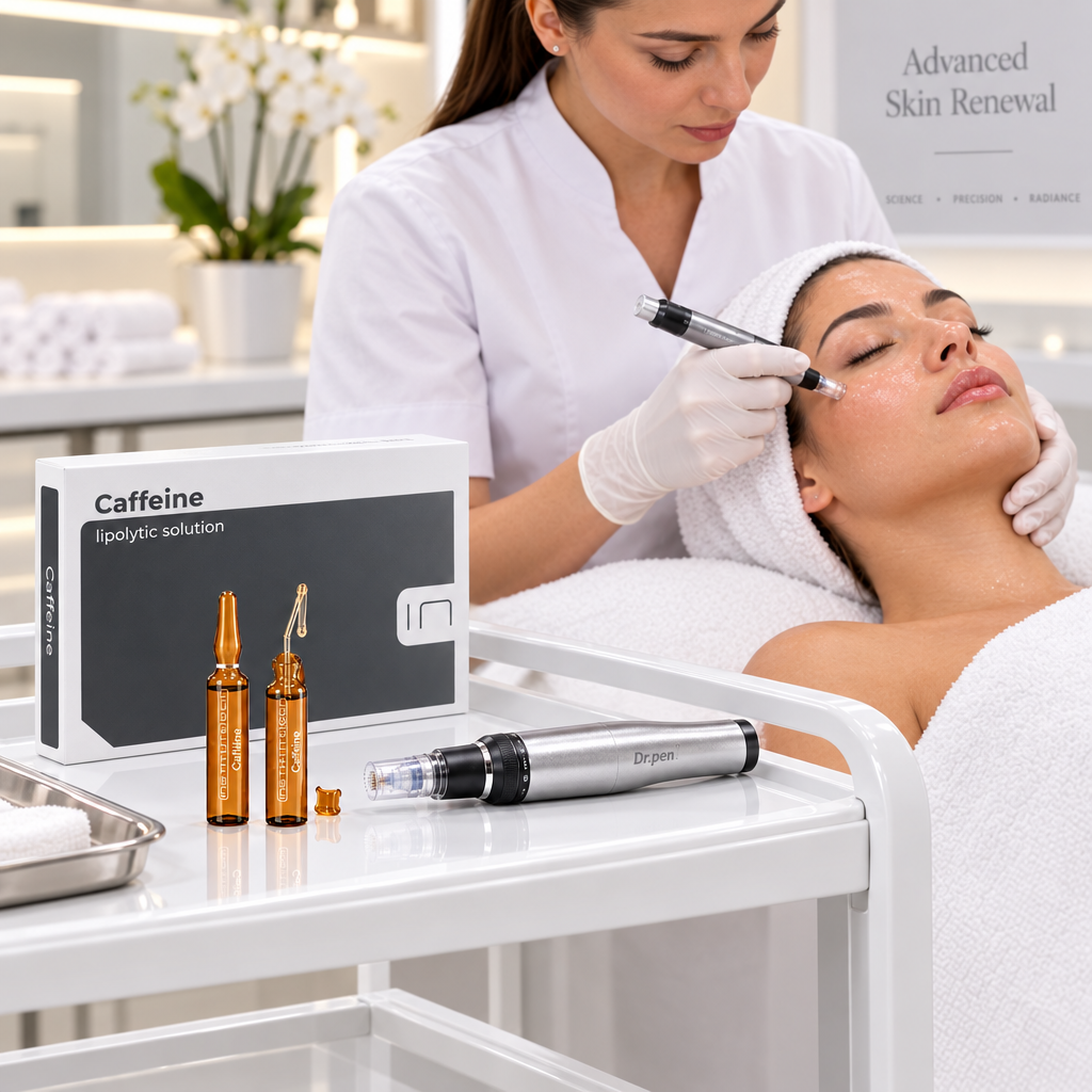 A Dr.pen microneedling treatment scene with a person lying on a white-covered treatment table while another person applies the BCN caffeine microneedling serum on her face. 