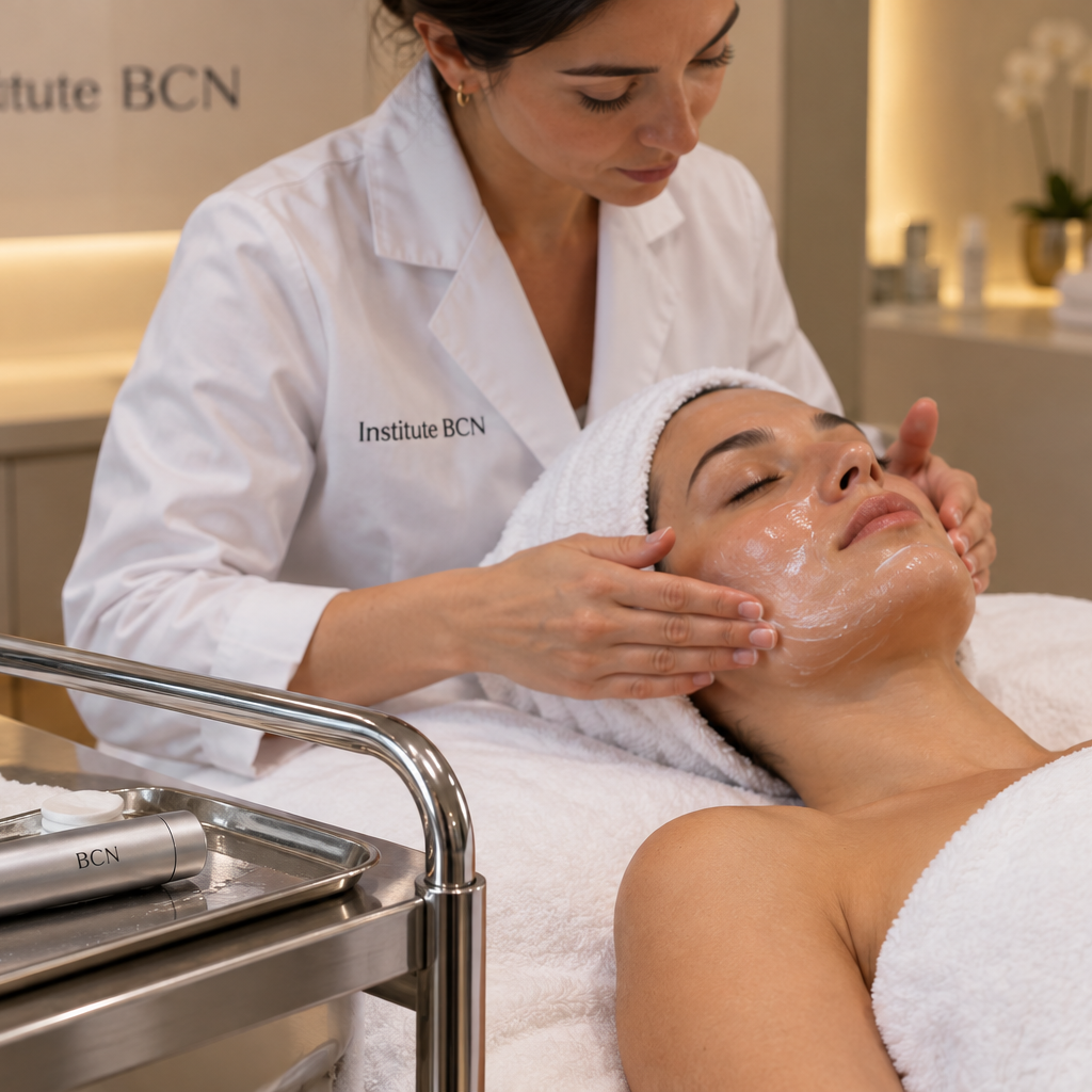 A spa treatment scene at Institute BCN where a therapist in a white coat applies a white facial cream to a client&