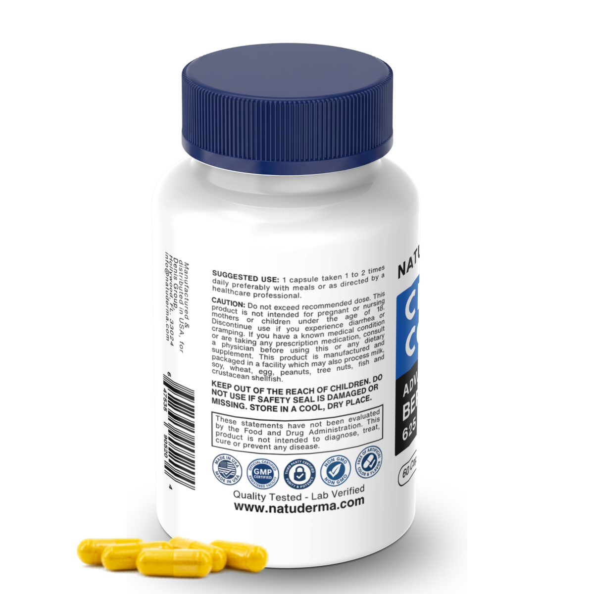 Natuderma Craving Control Berberine 625 mg back label with suggested use, GMP and Non-GMO badges