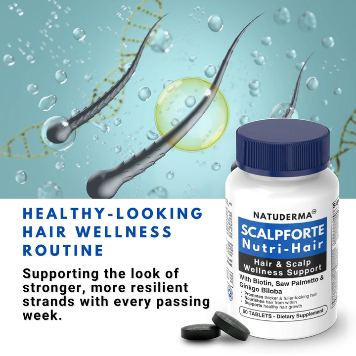 Natuderma Scalpforte Nutri-Hair supplement bottle with hair strands and droplets on a blue background