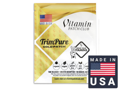 Vitamin Patch Club package with TrimPure Gold Patch, USA made label, and vitamin information icons.