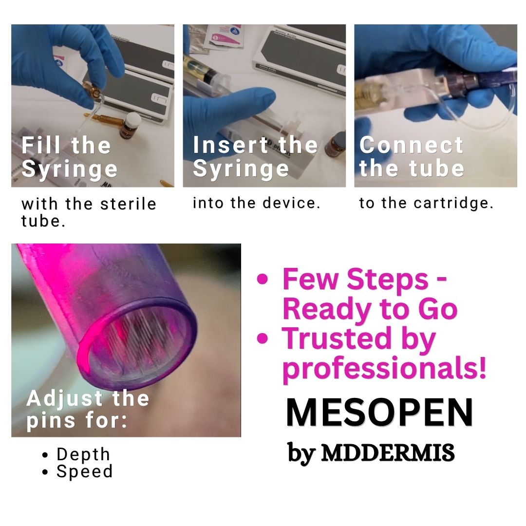 Step-by-step guide on using Microneedling MESOPEN by MDDERMIS with close-up images of hands performing actions.